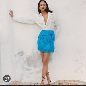 Mango tie up satin jacquard fringe mini skirt in blue